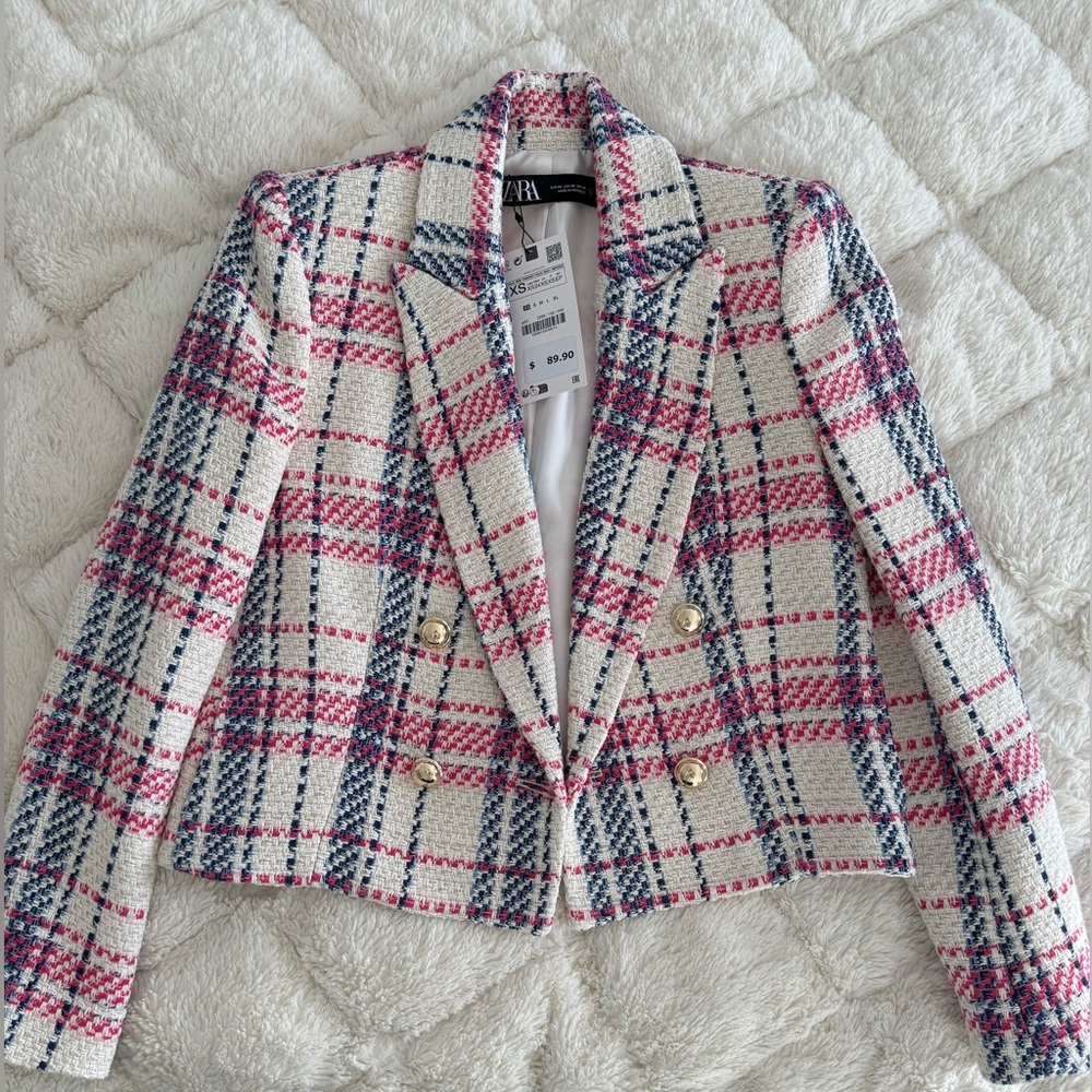 Zara Plaid Jacket in Pink, Blue, and Cream with gold buttons.